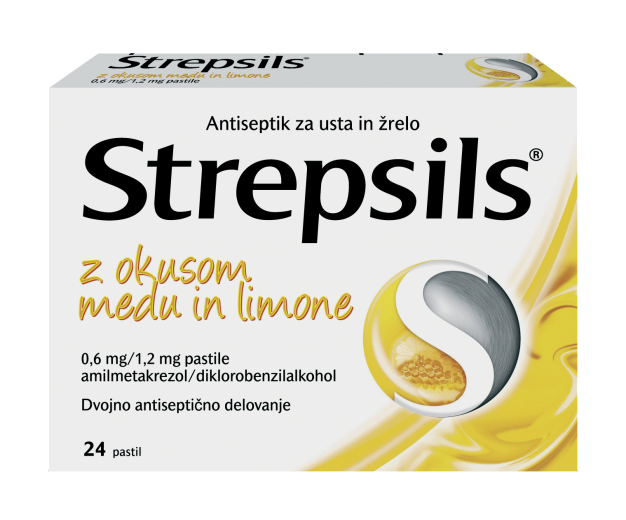 Strepsils z okusom medu in limone 0,6 mg/1,2 mg, 24 pastil