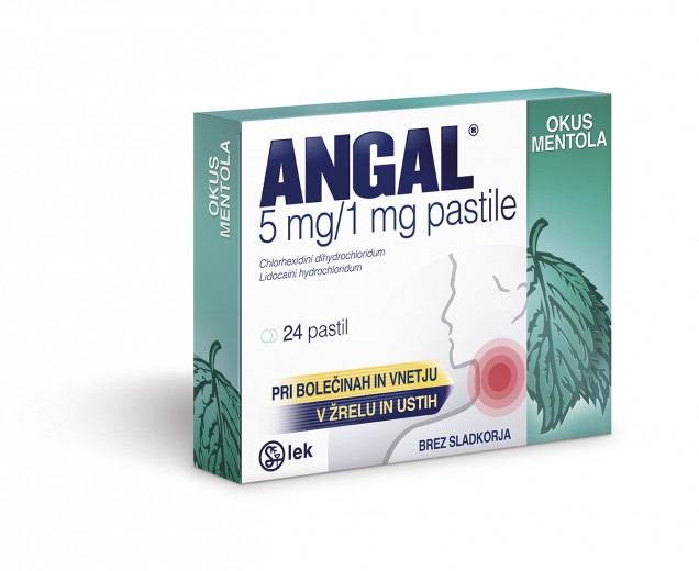 Angal 5 mg/1 mg pastile z okusom mentola, 24 pastil