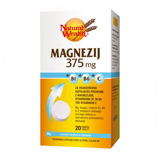 Natural Wealth, magnezij + B1 + B6 + C, 375 mg, 20 šumečih tablet