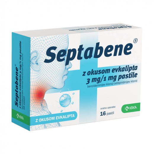 Septabene 3 mg/1 mg Krka, pastile z okusom evkalipta (16 pastil)