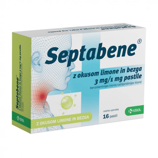 Septabene, pastile z okusom limone in bezga 3 mg/1 mg (16 pastil)