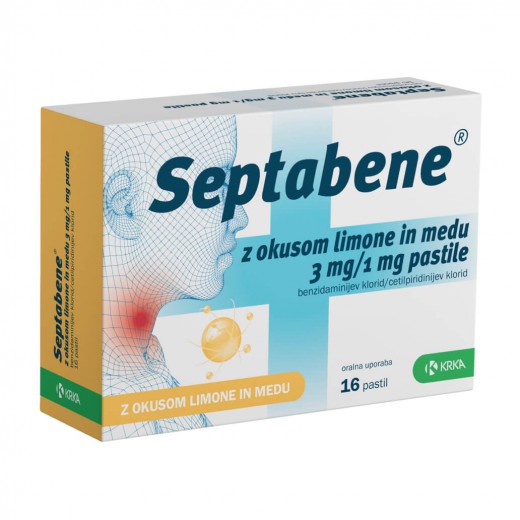 Septabene, pastile z okusom limone in medu 3 mg/1 mg (16 pastil)