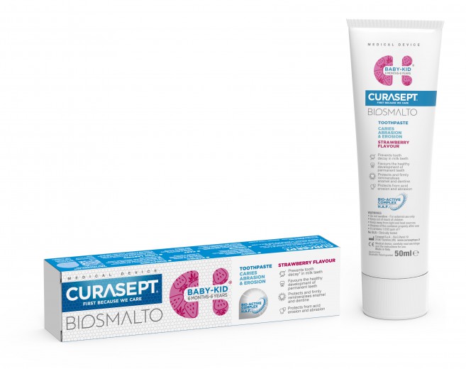 Curasept BIOSMALTO Baby, Kid zobna pasta z okusom jagode, 50 ml