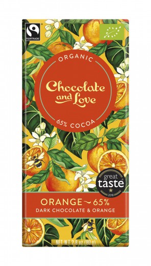 BIO temna čokolada s pomaračno. 65% kakava, Chocolate and Love, 80g