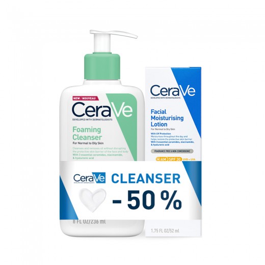 CeraVe, CeraVe Peneči čistilni gel, 236 ml + Vlažilna nega za obraz za normalno do suho kožo SPF30, 52 ml