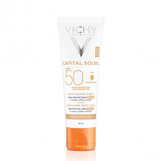 VICHY, CAPITAL SOLEIL Obarvana zaščitna krema za obraz proti temnim lisam 3v1 SPF50+, 50 ml