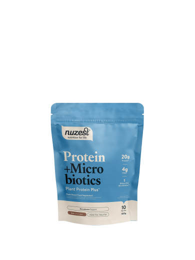Nuzest PROTEIN + Probiotiki, rastlinske beljakovine z vsemi 9-imi aminokislinami, okus čokolada