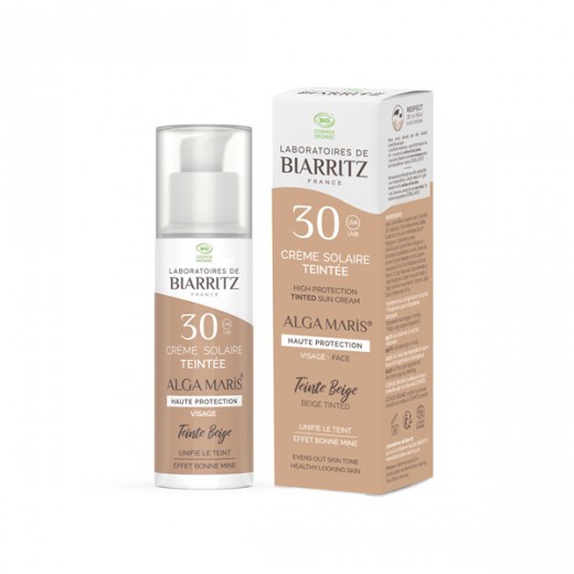 Biarritz, Alga Maris Bio tenirana krema za sončenje SPF30, za obraz, bež, 50 ml