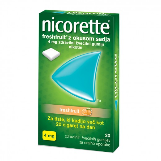 Nicorette Freshfruit z okusom sadja, zdravilni žvečilni gumiji, 4 mg, 30 kom