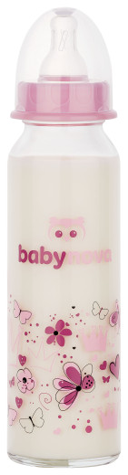 BABY-NOVA Steklenička steklena, dekorirana, 240 ml, ROZA