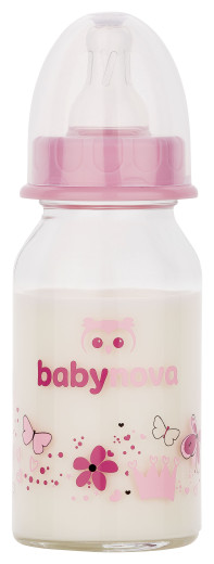 BABY-NOVA Steklenička steklena, dekorirana, 120 ml, ROZA
