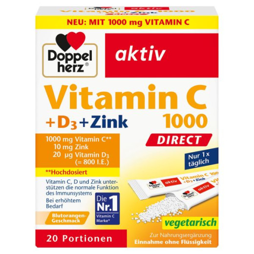 Doppelherz aktiv, Vitamin C 1000 + D3 + cink, DIREKT, 20 vrečic