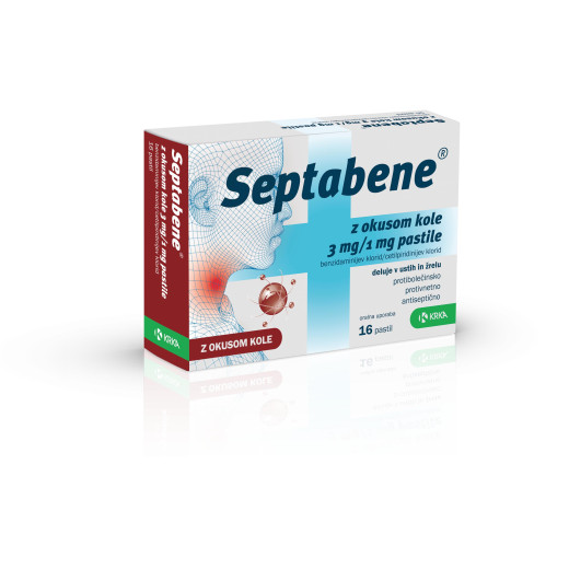 Septabene 3 mg/1 mg Krka, pastile z okusom kole (16 pastil)