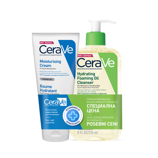 CeraVe, Vlažilna krema, 177 ml + Vlažilno olje za čiščenje za normalno do zelo suho kožo, 236 ml