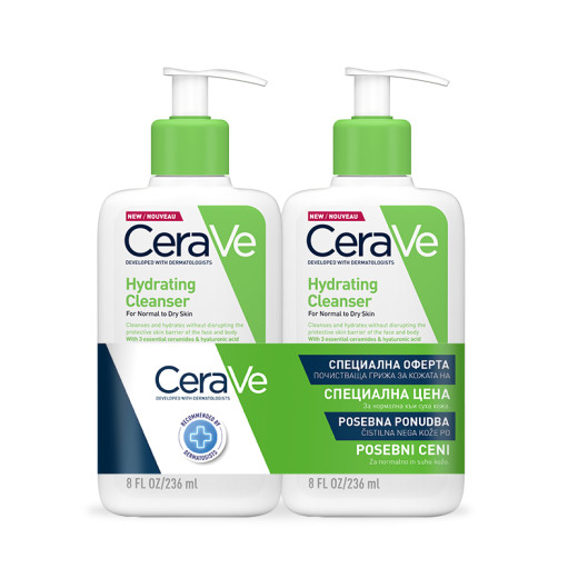 CeraVe, vlažilna čistilna emulzija za normalno do suho kožo, 2x236 ml