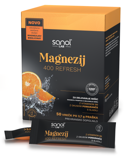 Sanol LAB, Magnezij 400 Refresh, 50 vrečk z okusom pomaranče