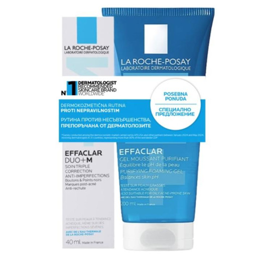 La Roche-Posay, Effaclar Duo+M vlažilna gel-krema, 40 ml + peneči čistilni gel, 200 ml