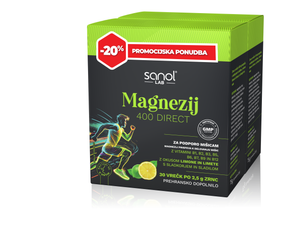 Sanol LAB, Magnezij 400 Direct, 2x30 vrečk z okusom limone in limete