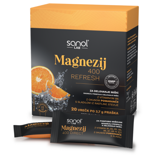 Sanol LAB, Magnezij 400 Refresh, 20 vrečk z okusom pomaranče