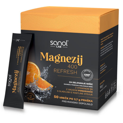 Sanol LAB, Magnezij 400 Refresh, 50 vrečk z okusom pomaranče