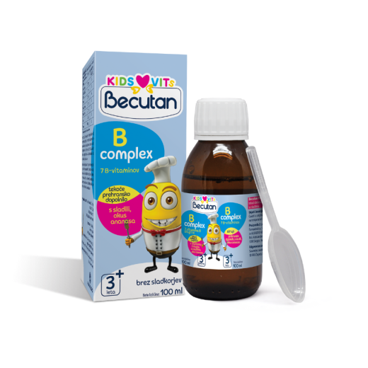 Becutan, KIDS VITS B-complex tekoče prehransko dopolnilo s sladili, 100 ml