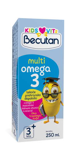 Becutan KIDS VITS Multiomega-3 tekoče prehransko dopolnilo z omega-3 maščobnimi kislinami, vitamini in minerali
