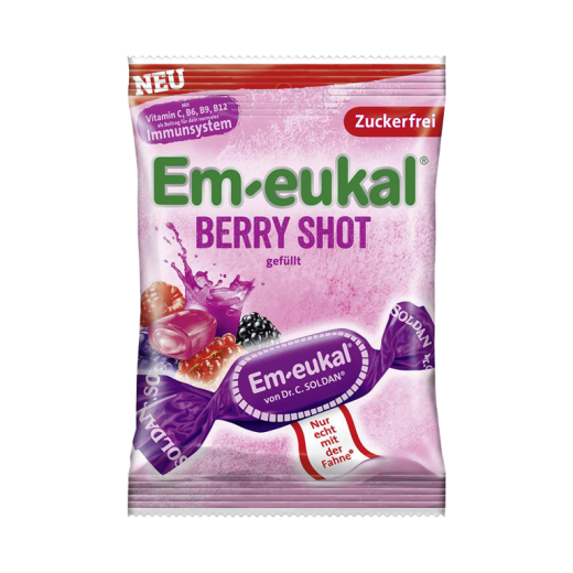 Dr. C. Soldan Em-Eukal Berry shot, trdi polnjeni sadni bonboni, brez sladkorja 75 g