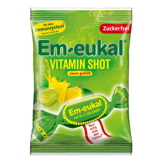 Dr. C. Soldan Em-Eukal Vitamin shot, kisli, trdi polnjeni bonboni, brez sladkorja 75 g