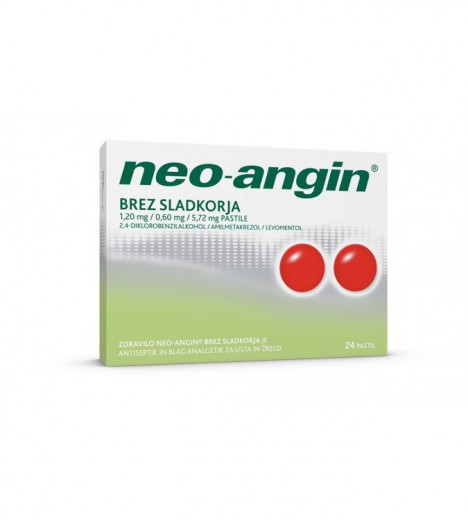 NEO-ANGIN, brez sladkorja 1,20MG/0,60MG/5,72MG pastile, 24 pastil