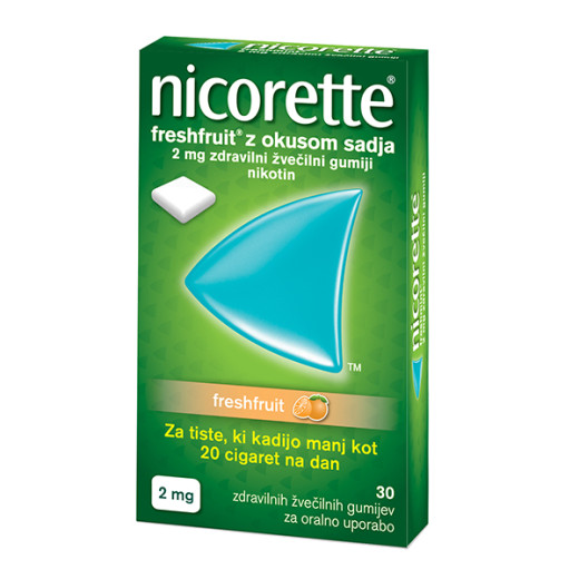 Nicorette Freshfruit z okusom sadja, zdravilni žvečilni gumiji, 2 mg, 30 kom