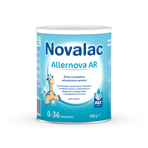 Novalac Allernova AR, mleko za dojenčke in majhne otroke z alergijo na beljakovine kravjega mleka in s polivanjem, 400 g