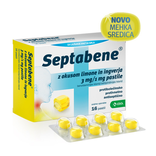Septabene Krka, pastile z okusom limone in ingverja 3 mg/1 mg (16 pastil)