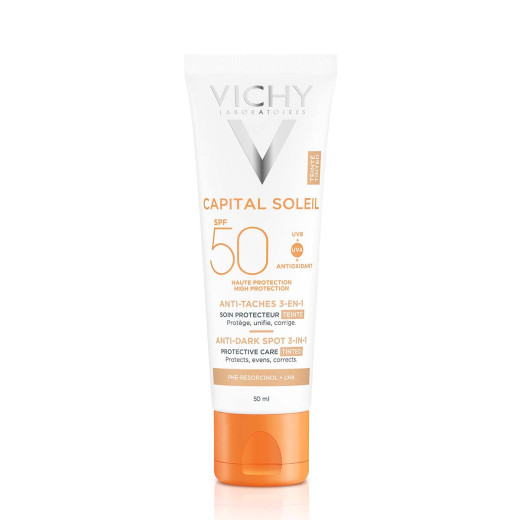 VICHY, CAPITAL SOLEIL Obarvana zaščitna krema za obraz proti temnim lisam 3v1 SPF50+, 50 ml
