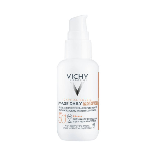VICHY, CAPITAL SOLEIL UV-AGE Tonirani dnevni fluid na vodni osnovi za zaščito pred soncem proti prvim znakom fotostaranja SPF50+, 40 ml
