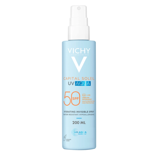 Vichy, CAPITAL SOLEIL UV Aqua vlažilno pršilo za obraz in telo SPF 50 visoka zaščita, 200 ml