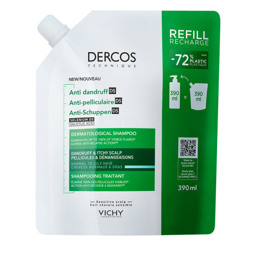 Vichy, DERCOS AD šampon proti prhljaju za normalne ali mastne lase REFILL, 390 ml