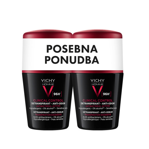 Vichy, HOMME CLINICAL CONTROL 96h Detranspirant Roll-on dezodorant proti neprijetnemu vonju, 2x50 ml