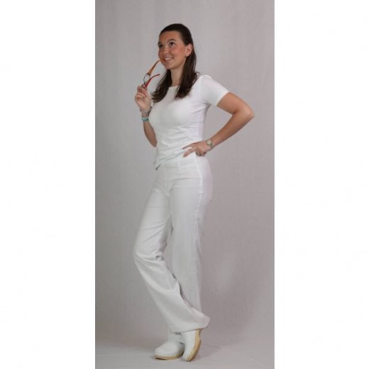 Bele ženske hlače na elastiko in zadrgo