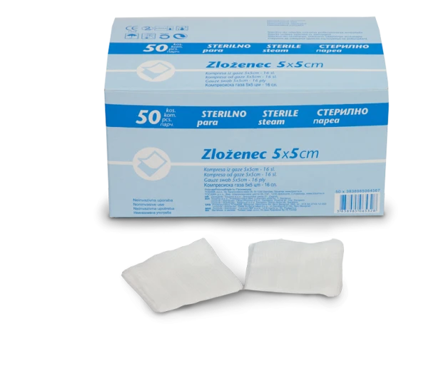 Zloženec 5 x 5 cm 16 slojni Viva, sterilni, 50 kos