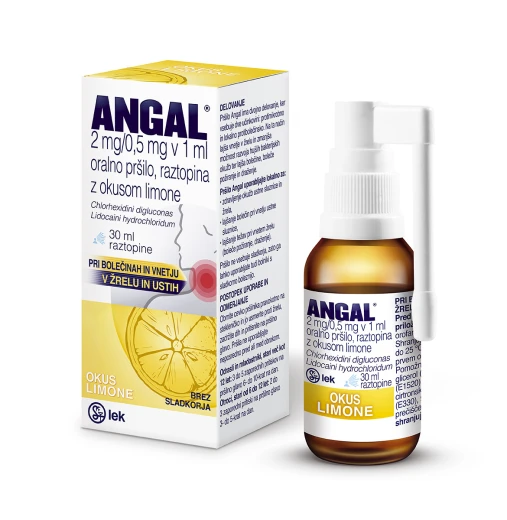 Angal 2 mg/0,5 mg v 1 ml oralno pršilo z okusom limone, raztopina, 30 ml