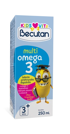 Becutan KIDS VITS Multiomega-3 tekoče prehransko dopolnilo z omega-3 maščobnimi kislinami, vitamini in minerali