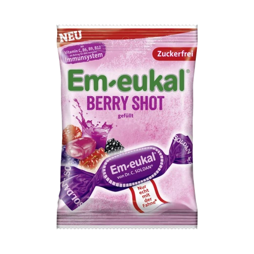Dr. C. Soldan Em-Eukal Berry shot, trdi polnjeni sadni bonboni, brez sladkorja 75 g