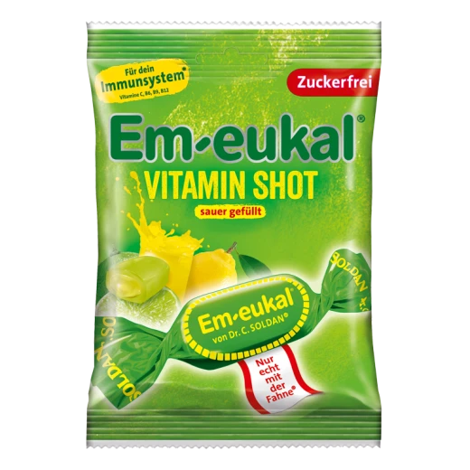 Dr. C. Soldan Em-Eukal Vitamin shot, kisli, trdi polnjeni bonboni, brez sladkorja 75 g