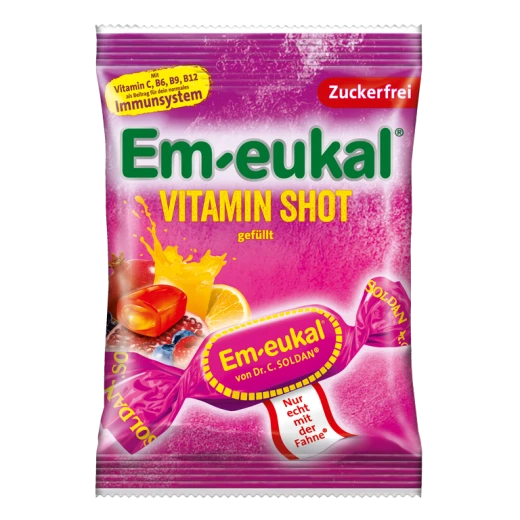 Dr. C. Soldan Em-Eukal Vitamin shot, trdi polnjeni bonboni, brez sladkorja 75 g