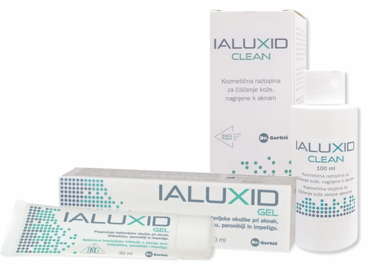 Ialuxid akcijsko pakiranje: gel 30 ml (medicinski pripomoček) + Clean 100 ml (kozmetični izdelek)