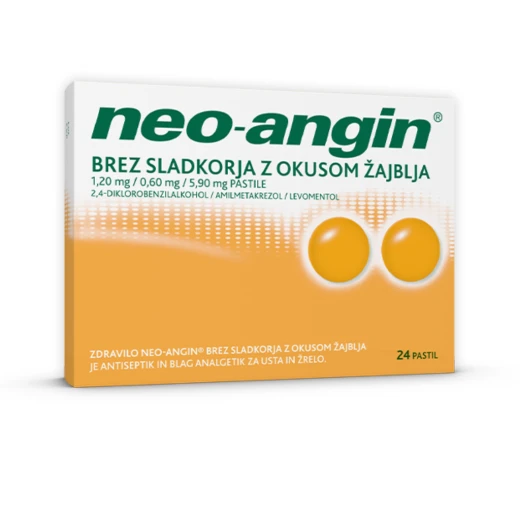 Neo-angin brez sladkorja z okusom žajblja 1,20 mg/0,60 mg/5,90 mg pastile, 24 pastil