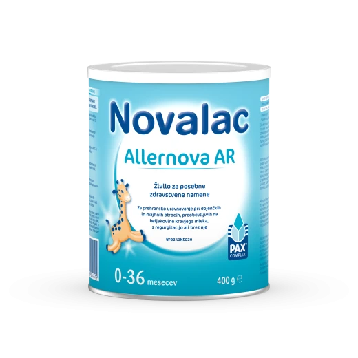 Novalac Allernova AR, mleko za dojenčke in majhne otroke z alergijo na beljakovine kravjega mleka in s polivanjem, 400 g