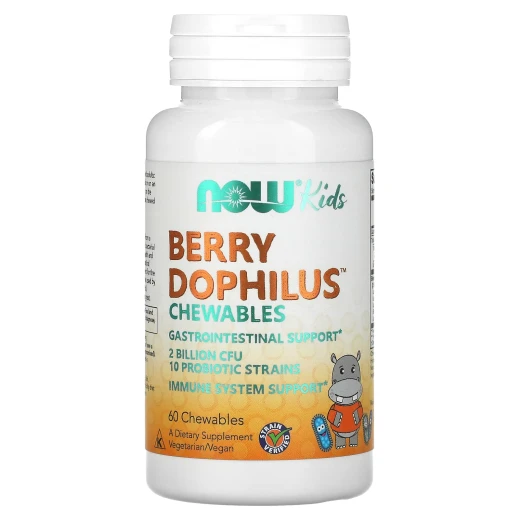 NOW, BerryDophilus™ mlečnokislinske bakterije za otroke, 60 žvečljivih tablet s sladili