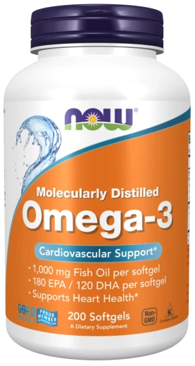 NOW, OMEGA-3, 1000 mg koncentrat ribjega olja, 200 mehkih kapsul