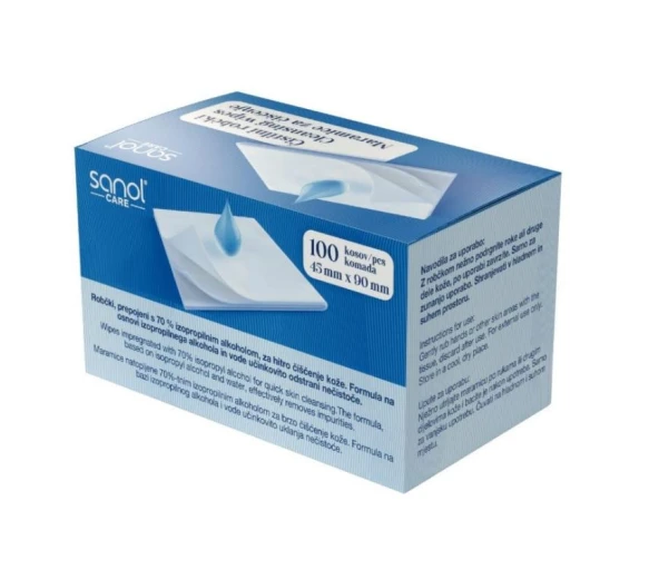 Sanol Care, čistilni robčki 45x90 mm, 100 robčkov